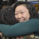 Left: Allyson Bowers (left) and Jacky Yoo (right) were announced as the 2011-2012 president and vice president of George Mason’s student government. Right: Yoo celebrates after being named vice president.