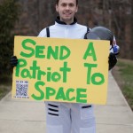 Graduate student, Kamil Stelmach, campaigning to go to space. Stelmach was seen wandering campus in an astronaut suit, asking people to vote for him to go to space camp. (Jenny Krashin/Broadside)